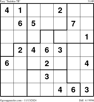 The grouppuzzles.com Easy Sudoku-7B puzzle for Wednesday November 13, 2024