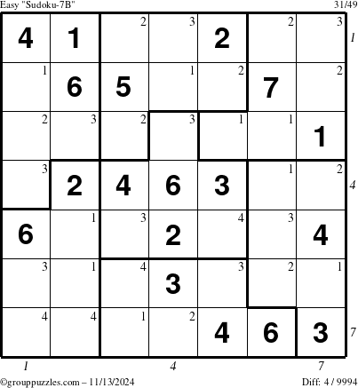 The grouppuzzles.com Easy Sudoku-7B puzzle for Wednesday November 13, 2024 with all 4 steps marked