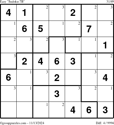 The grouppuzzles.com Easy Sudoku-7B puzzle for Wednesday November 13, 2024 with the first 3 steps marked