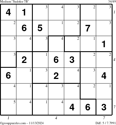 The grouppuzzles.com Medium Sudoku-7B puzzle for Wednesday November 13, 2024, suitable for printing, with all 5 steps marked