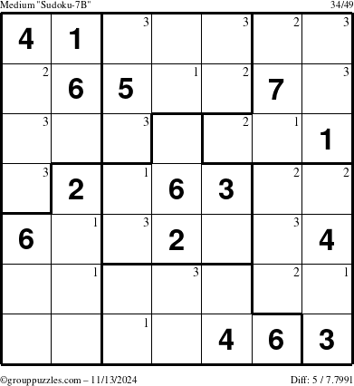 The grouppuzzles.com Medium Sudoku-7B puzzle for Wednesday November 13, 2024 with the first 3 steps marked