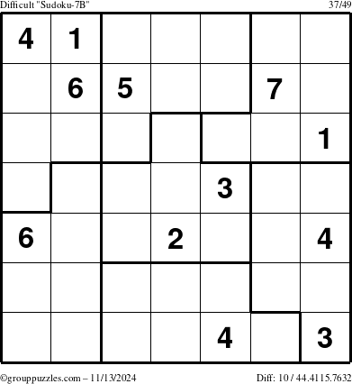 The grouppuzzles.com Difficult Sudoku-7B puzzle for Wednesday November 13, 2024