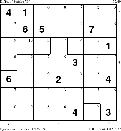 The grouppuzzles.com Difficult Sudoku-7B puzzle for Wednesday November 13, 2024 with all 10 steps marked