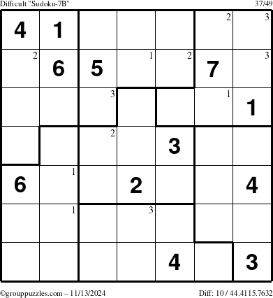 The grouppuzzles.com Difficult Sudoku-7B puzzle for Wednesday November 13, 2024 with the first 3 steps marked