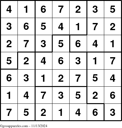 The grouppuzzles.com Answer grid for the Sudoku-7B puzzle for Wednesday November 13, 2024