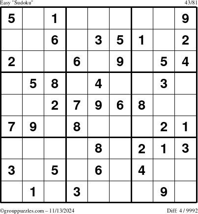 The grouppuzzles.com Easy Sudoku puzzle for Wednesday November 13, 2024