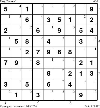 The grouppuzzles.com Easy Sudoku puzzle for Wednesday November 13, 2024 with all 4 steps marked