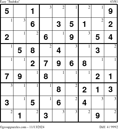 The grouppuzzles.com Easy Sudoku puzzle for Wednesday November 13, 2024 with the first 3 steps marked