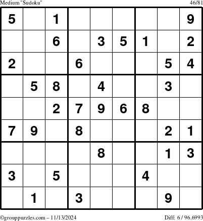 The grouppuzzles.com Medium Sudoku puzzle for Wednesday November 13, 2024