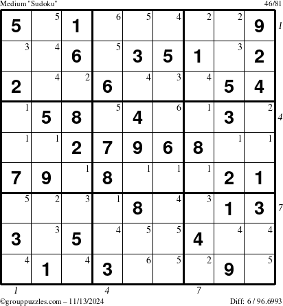 The grouppuzzles.com Medium Sudoku puzzle for Wednesday November 13, 2024, suitable for printing, with all 6 steps marked