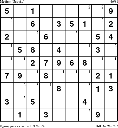 The grouppuzzles.com Medium Sudoku puzzle for Wednesday November 13, 2024 with the first 3 steps marked