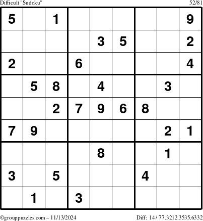 The grouppuzzles.com Difficult Sudoku puzzle for Wednesday November 13, 2024