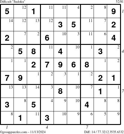 The grouppuzzles.com Difficult Sudoku puzzle for Wednesday November 13, 2024 with all 14 steps marked