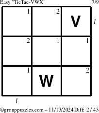 The grouppuzzles.com Easy TicTac-VWX puzzle for Wednesday November 13, 2024 with all 2 steps marked