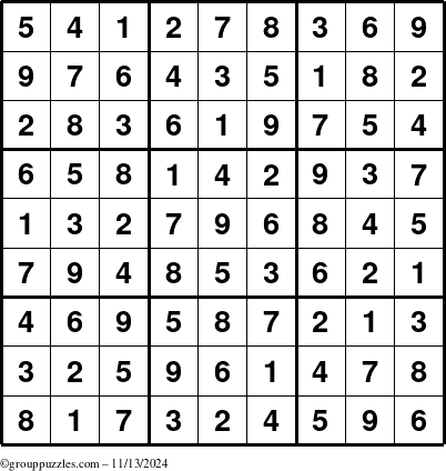 The grouppuzzles.com Answer grid for the Sudoku puzzle for Wednesday November 13, 2024