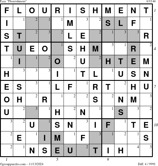 The grouppuzzles.com Easy Flourishment puzzle for Wednesday November 13, 2024 with all 4 steps marked