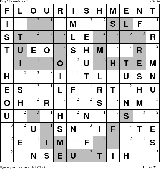 The grouppuzzles.com Easy Flourishment puzzle for Wednesday November 13, 2024 with the first 3 steps marked