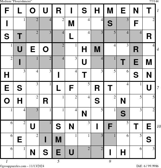 The grouppuzzles.com Medium Flourishment puzzle for Wednesday November 13, 2024 with all 6 steps marked