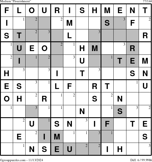 The grouppuzzles.com Medium Flourishment puzzle for Wednesday November 13, 2024 with the first 3 steps marked