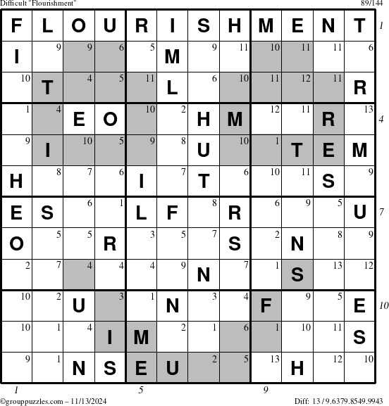 The grouppuzzles.com Difficult Flourishment puzzle for Wednesday November 13, 2024 with all 13 steps marked