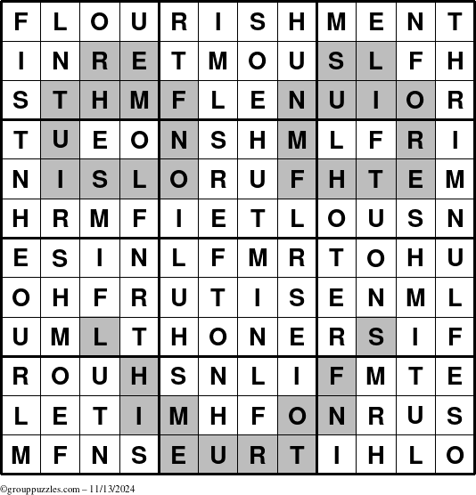 The grouppuzzles.com Answer grid for the Flourishment puzzle for Wednesday November 13, 2024