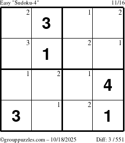 The grouppuzzles.com Easy Sudoku-4 puzzle for Saturday October 18, 2025 with the first 3 steps marked