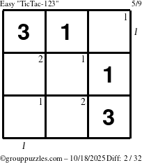 The grouppuzzles.com Easy TicTac-123 puzzle for Saturday October 18, 2025 with all 2 steps marked