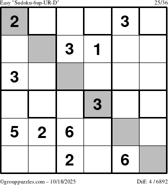 The grouppuzzles.com Easy Sudoku-6up-UR-D puzzle for Saturday October 18, 2025