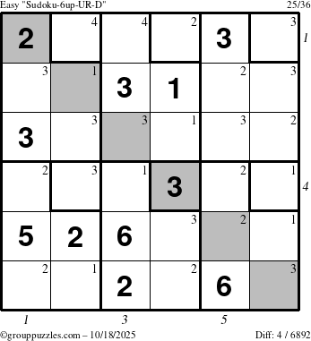 The grouppuzzles.com Easy Sudoku-6up-UR-D puzzle for Saturday October 18, 2025 with all 4 steps marked