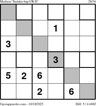 The grouppuzzles.com Medium Sudoku-6up-UR-D puzzle for Saturday October 18, 2025