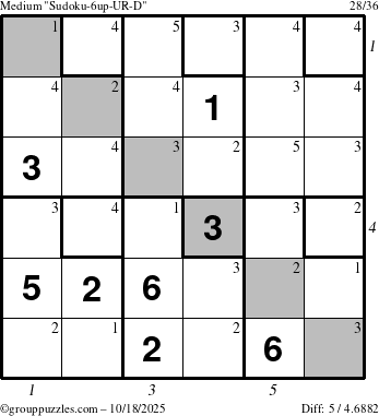The grouppuzzles.com Medium Sudoku-6up-UR-D puzzle for Saturday October 18, 2025 with all 5 steps marked