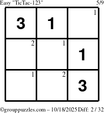 The grouppuzzles.com Easy TicTac-123 puzzle for Saturday October 18, 2025 with the first 2 steps marked