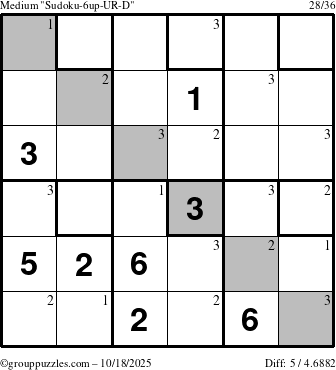 The grouppuzzles.com Medium Sudoku-6up-UR-D puzzle for Saturday October 18, 2025 with the first 3 steps marked