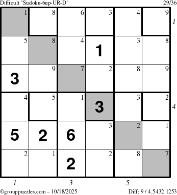 The grouppuzzles.com Difficult Sudoku-6up-UR-D puzzle for Saturday October 18, 2025 with all 9 steps marked