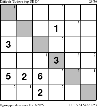 The grouppuzzles.com Difficult Sudoku-6up-UR-D puzzle for Saturday October 18, 2025 with the first 3 steps marked