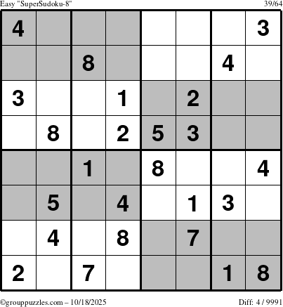 The grouppuzzles.com Easy SuperSudoku-8 puzzle for Saturday October 18, 2025