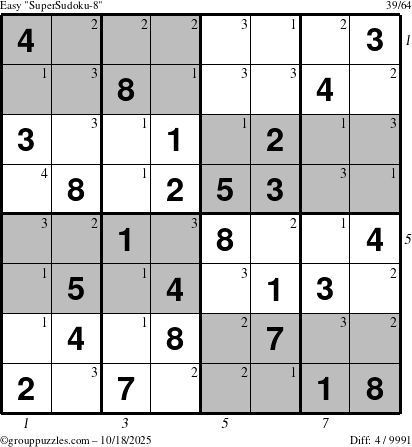 The grouppuzzles.com Easy SuperSudoku-8 puzzle for Saturday October 18, 2025 with all 4 steps marked