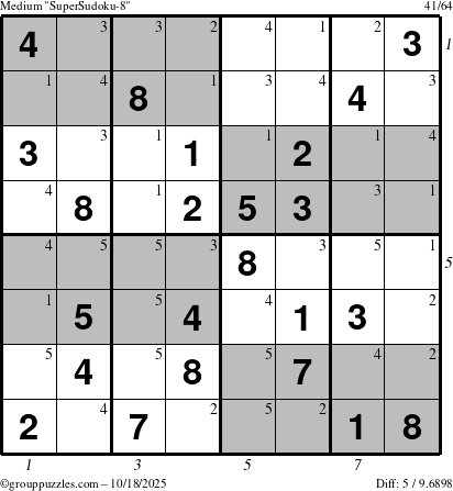 The grouppuzzles.com Medium SuperSudoku-8 puzzle for Saturday October 18, 2025 with all 5 steps marked