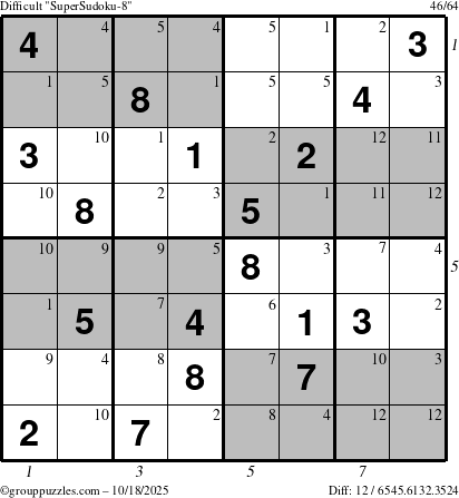 The grouppuzzles.com Difficult SuperSudoku-8 puzzle for Saturday October 18, 2025 with all 12 steps marked