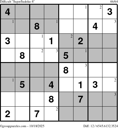 The grouppuzzles.com Difficult SuperSudoku-8 puzzle for Saturday October 18, 2025 with the first 3 steps marked
