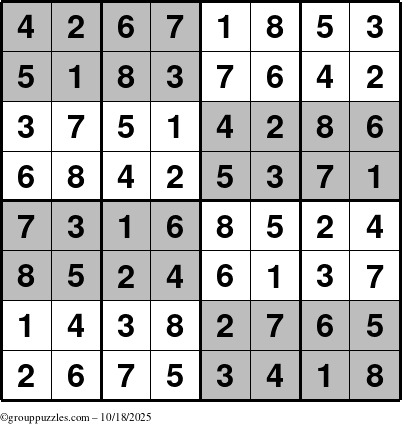 The grouppuzzles.com Answer grid for the SuperSudoku-8 puzzle for Saturday October 18, 2025