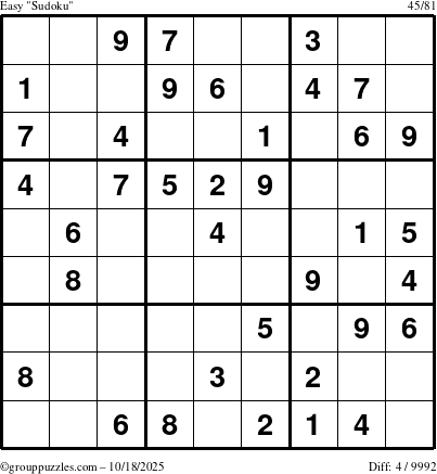 The grouppuzzles.com Easy Sudoku puzzle for Saturday October 18, 2025