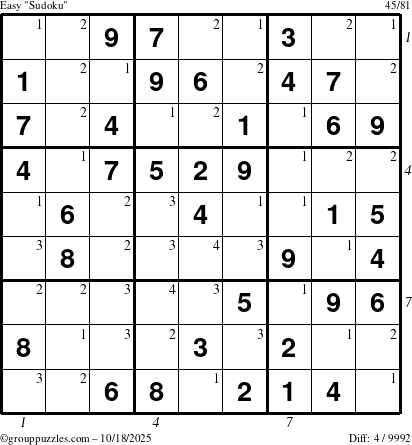 The grouppuzzles.com Easy Sudoku puzzle for Saturday October 18, 2025 with all 4 steps marked