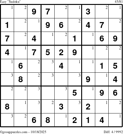 The grouppuzzles.com Easy Sudoku puzzle for Saturday October 18, 2025 with the first 3 steps marked
