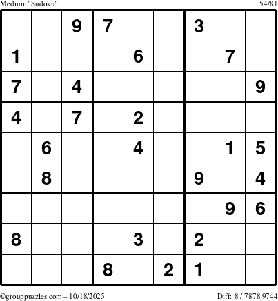 The grouppuzzles.com Medium Sudoku puzzle for Saturday October 18, 2025