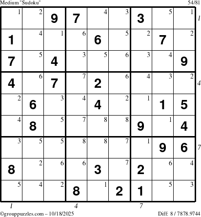 The grouppuzzles.com Medium Sudoku puzzle for Saturday October 18, 2025 with all 8 steps marked