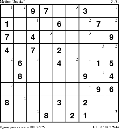 The grouppuzzles.com Medium Sudoku puzzle for Saturday October 18, 2025 with the first 3 steps marked