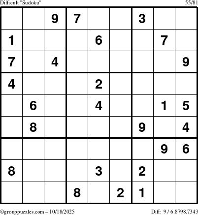 The grouppuzzles.com Difficult Sudoku puzzle for Saturday October 18, 2025