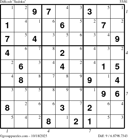 The grouppuzzles.com Difficult Sudoku puzzle for Saturday October 18, 2025 with all 9 steps marked