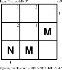 The grouppuzzles.com Easy TicTac-MNO puzzle for Saturday October 18, 2025 with all 2 steps marked